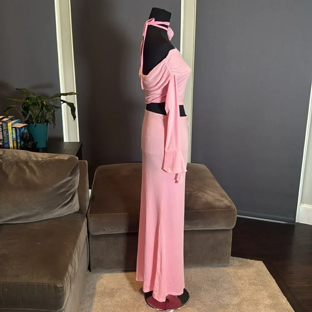 Pink 2 Piece Set Off the Shoulder Long Sleeve Crop Top & Skirt Size L NEW